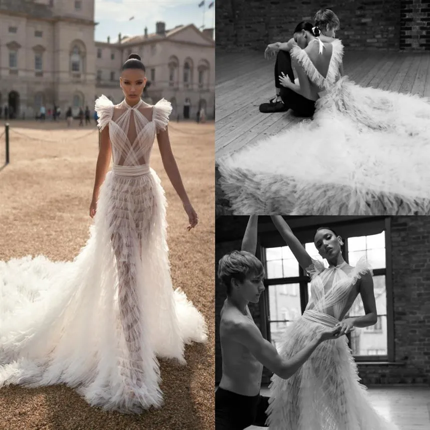 2019 Lior Charchy Abiti da sposa bohémien Halter Gonne a strati Ruffle Illusion Abiti da sposa sexy senza schienale Sweep Train Beach Weddi228W