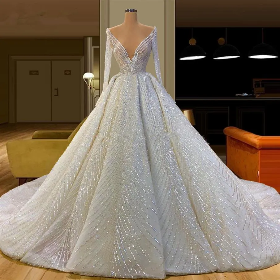 Robes de mariée de luxe à paillettes, col en V profond, manches longues, magnifique Robe de mariée de Dubaï, paillettes scintillantes, robes de soirée en cristal317Q