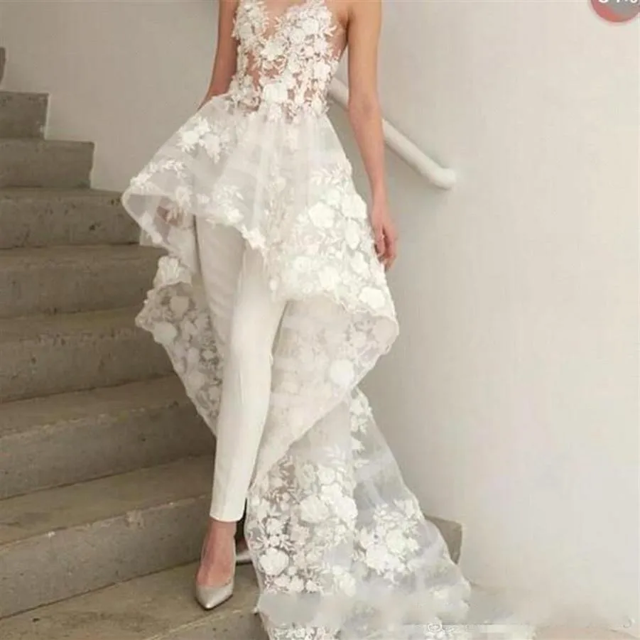 Zaprojektowane aplikacje kwiatowe suknie ślubne 2019 Sweeth Secion Pants Suit Suit Beach Suknie ślubne zamiatanie pociągiem z kwiatami formalnymi 181k