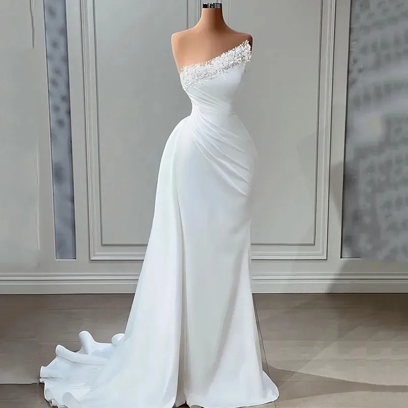 white dress with beaded straps Ivory Beaded Lace Tiered Prom Dresses Spaghetti Strap Wedding Gown BJ0 –  Viniodress