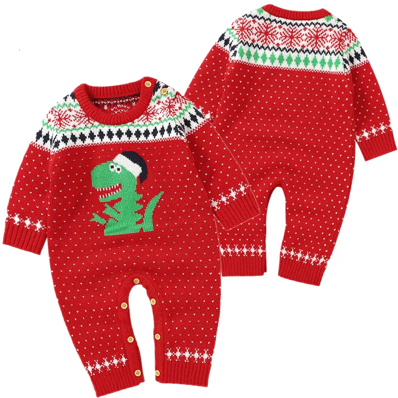 Strampler Weihnachten Overalls Outfits Rot Dinosaurier Winter Baby Kleidung Stricken geboren Jungen Mädchen s Kinder Tragen Overall 230919