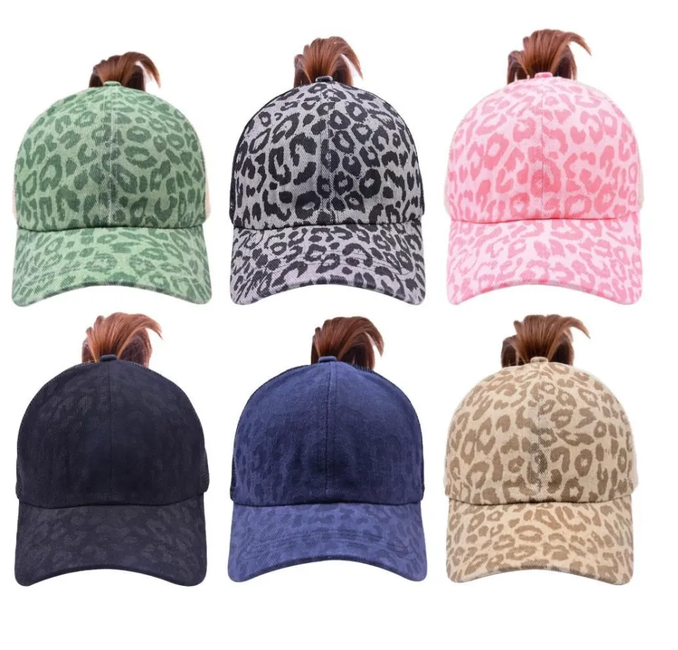 Cappelli a coda di cavallo leopardati Criss Cross lavati in difficoltà Panini disordinati Ponycaps Berretto da baseball leopardato Cappelli a rete camionista C338