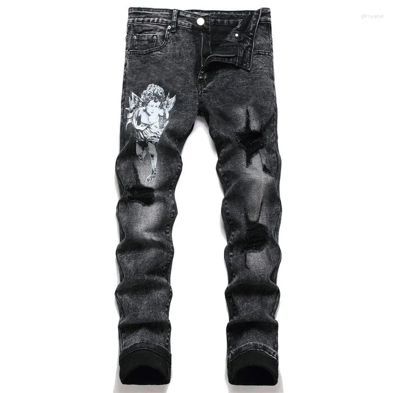 Jeans da uomo con foro strappato pentagramma ricamato piccolo piede pantaloni in denim stile punk streetwear pantaloni hip-hop maschili