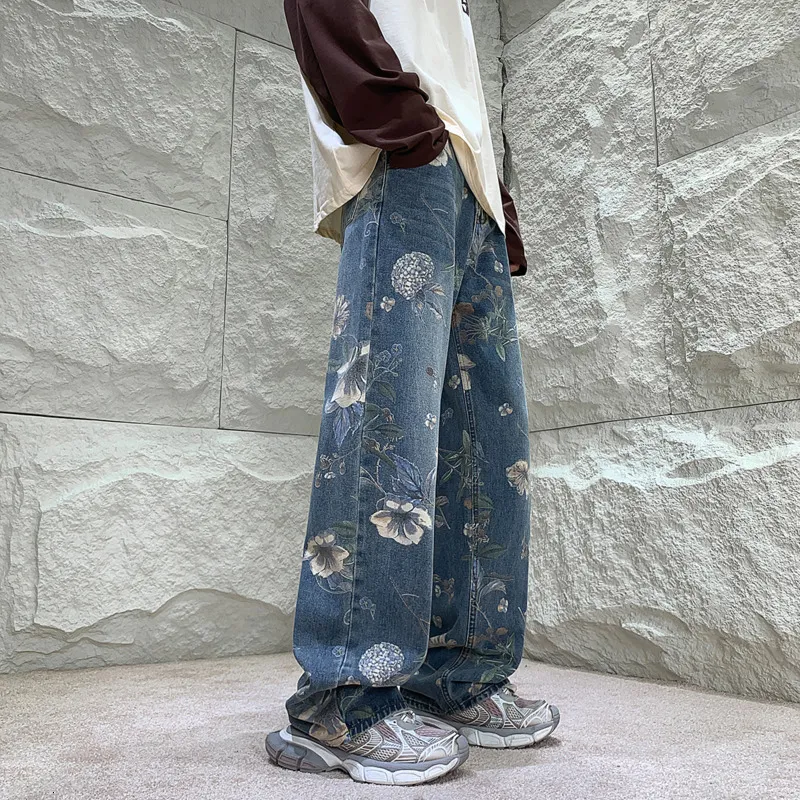 Men's Baggy Flower Jeans Fashion Oversized Wide Leg Jeans Streetwear  Hip-hop Loose Straight Denim Pants Trousers S-XL 230920