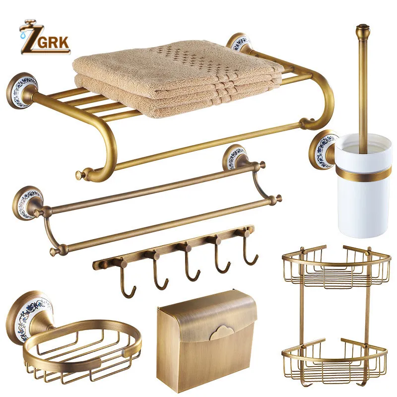 Conjunto de acessórios de banho ZGRK Antigo acessórios de banheiro esculpido conjunto de hardware de latão montado na parede barra de toalha suporte de papel gancho de pano kit de hardware de banheiro 230920