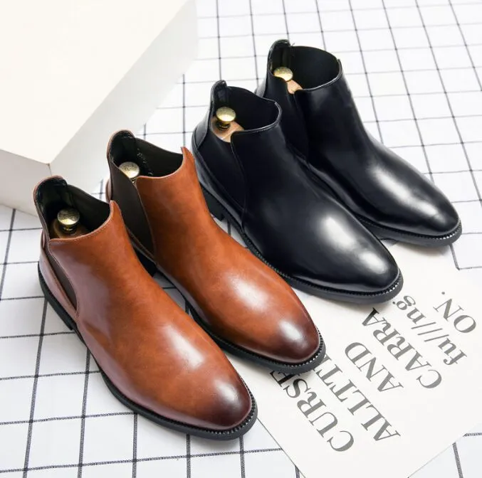 Mens Brown Leather Ankle Boots Handmade Business Shoes, Slip-On - Main Image