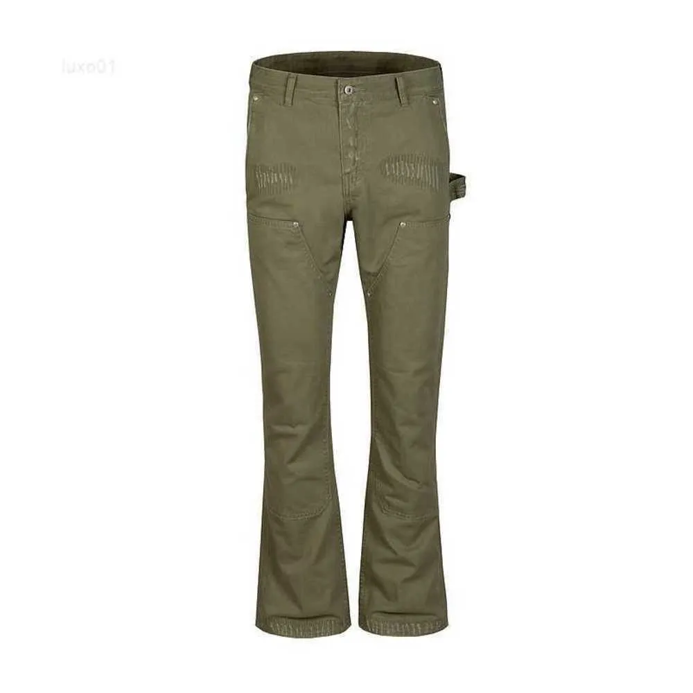 High Street Trendy Brand Washed and Damaged Army Green Jeans Micro Flare Woodcutting Pantsilnk