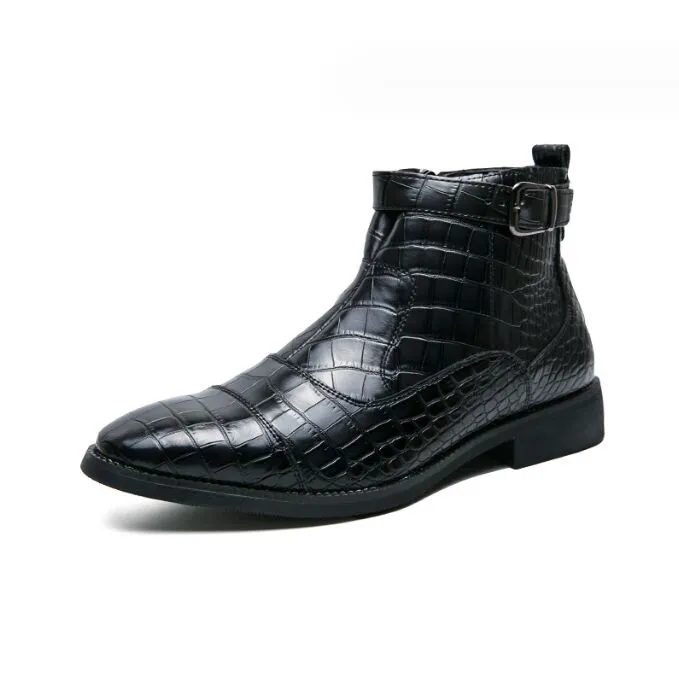 Yeni kahverengi erkek botlar fermuarlı taş desen siyah yuvarlak ayak parmağı iş kısa botları erkek parti ayakkabıları