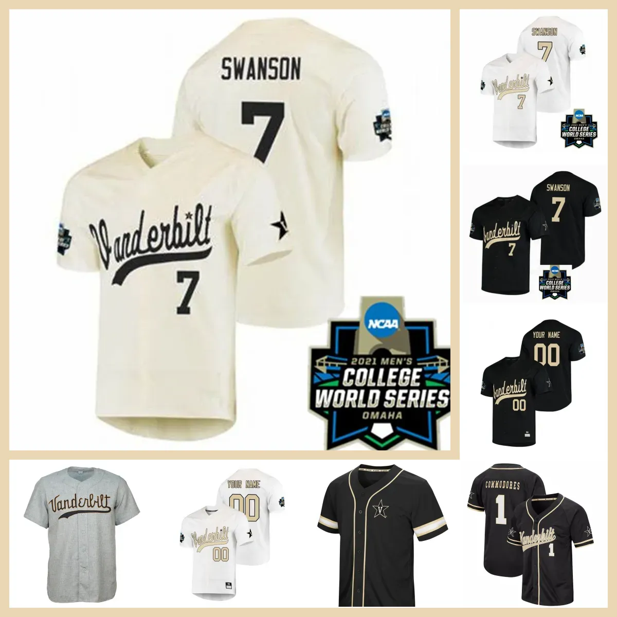 カスタム2023 NCAA Vanderbilt College Baseball Jerseys Commodores Jack Leiter JJ Bleday Cooper Davis Austin Martin Danson Swanson Tim Corbin Jersey Stitched