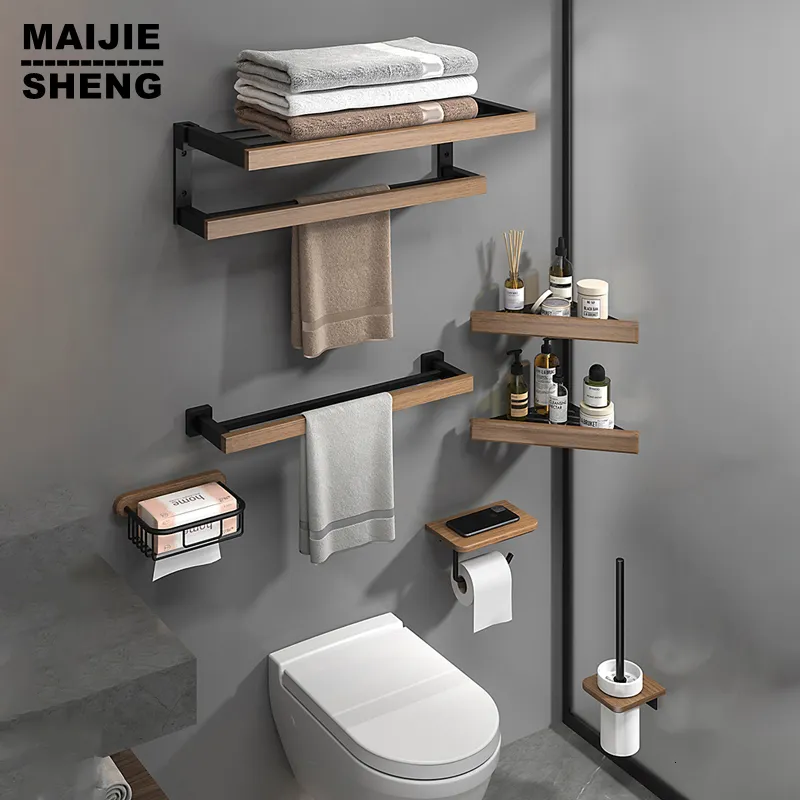 Badtillbehör Set Badrum Hårdvara Set Black Wood Bath Accessories Wall Mounted Handduk Handduk Handdukstång Toalettborste Handduk Krokar Pappershållare 230920