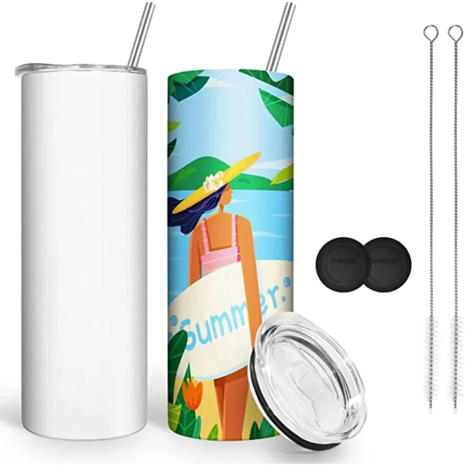 USA/CA Wholesale 20oz Water Bottles DIY Sublimation Straight Tumbler with Metal Straw Brush Rubber Coaster Double Wall Thermos Cup with Lids 920