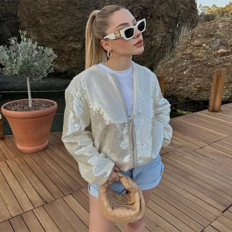 Women's Jackets 2023 Autumn Sequin Jacket Women Hic Fashion Shiny Bomber Casual Female Zipper With Pockets High Street Coat Top Outfits 230920