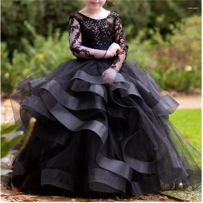 Robes de fille noir gonflé paillettes dentelle robe de fleur en couches de mariage à manches longues princesse robes de fête première communion enfants robe cadeau