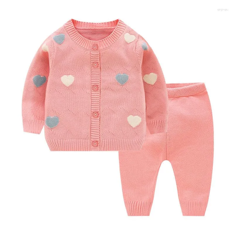 Kläder set rosa flickors tröja set kärlek baby barns cardigan 3-6 månader botten stickad utländsk stil två bitar