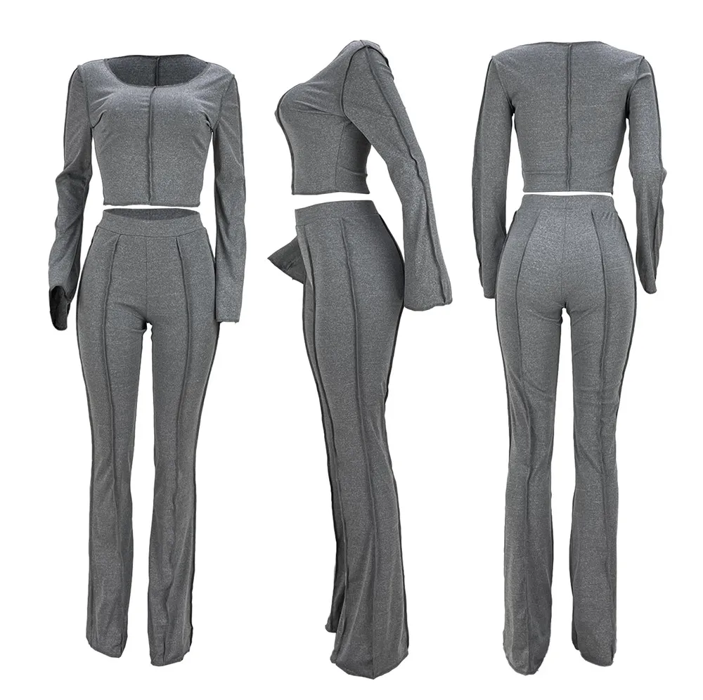 Designer Tracksuits Ribbed Outfits Women Fall Winter Two Piece Sets Solid Sportswear Long Sleeve Pullover Sweatshirt Flare Pants Bulk Wholesale Clothes 10146