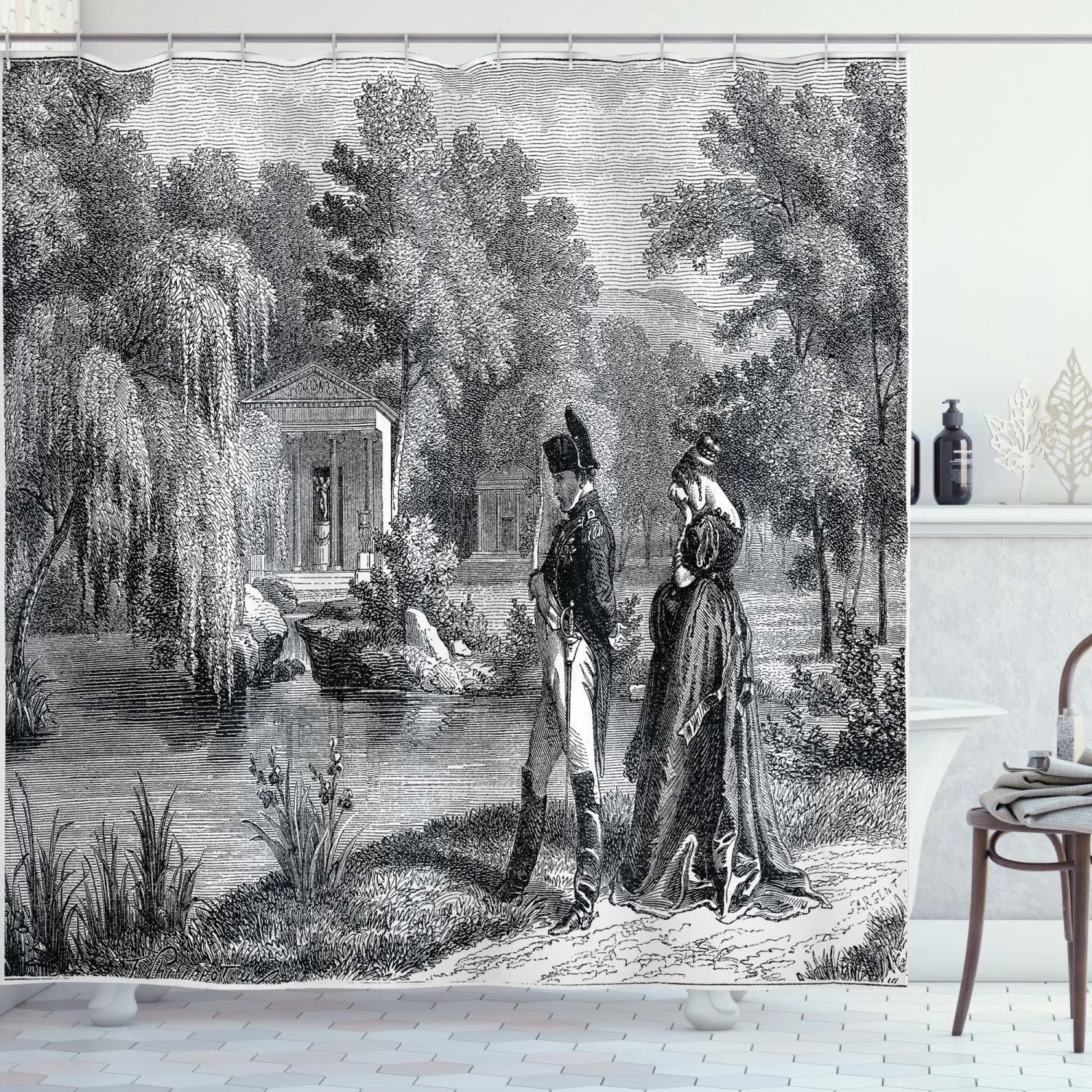 Cortinas de ducha Cortina de ducha vintage Boceto histórico de la Revolución Francesa con Napoleón y mujer en el jardín Obra de arte Cortina de baño con ganchos 230920