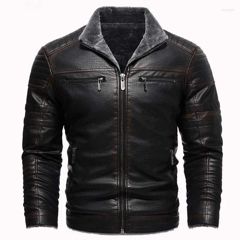 Vestes pour hommes Hommes Vintage Veste en cuir épais Revers Polaire Casual Moto Biker Manteau Streetwear Mode Hiver Coupe-vent EUR