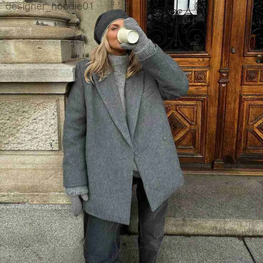 Wool Blend Woollen Blazer For Ladies Womens Wool Blends Elegant Solid Gray  Long Woolen Coats For Women