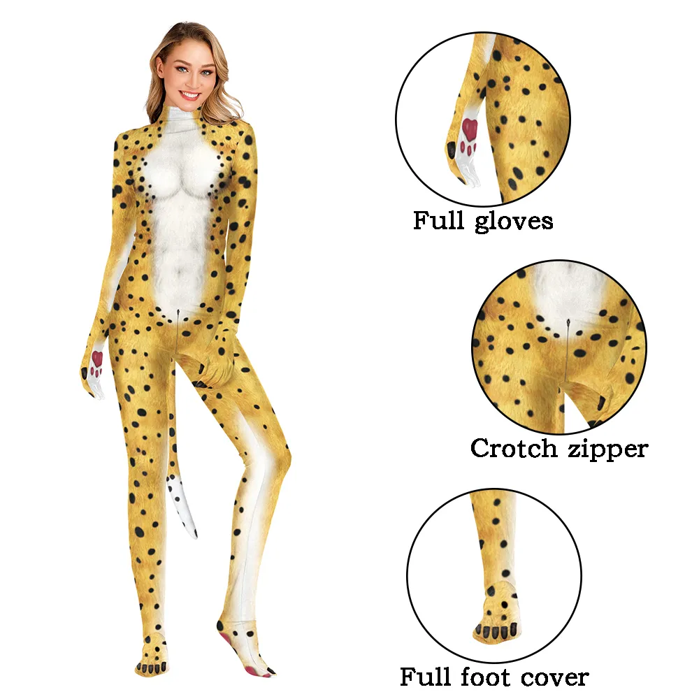 Cheetah Cosplay Catsuit Costume With Tail Crotch Zipper Jumpsuit ...