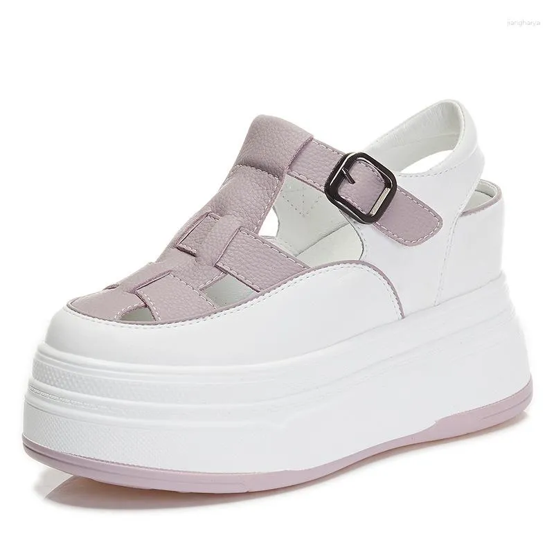 Sandaler 7cm ihålig äkta läder andas sommar 2023 Kvinnor Casual Shoes Platform Wedge Chunky Sneakers Flats Leisure