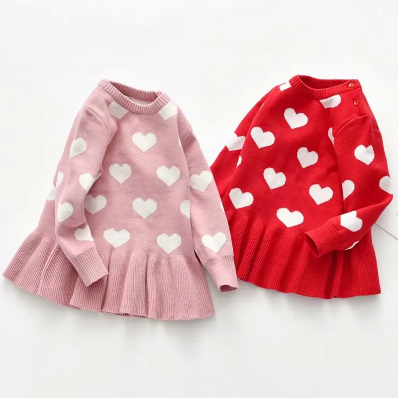 Robes de baptême Robe douce enfants bébé filles Saint Valentin laine tricot pull coeur imprimé dentelle pull court automne 1 5 ans 230920