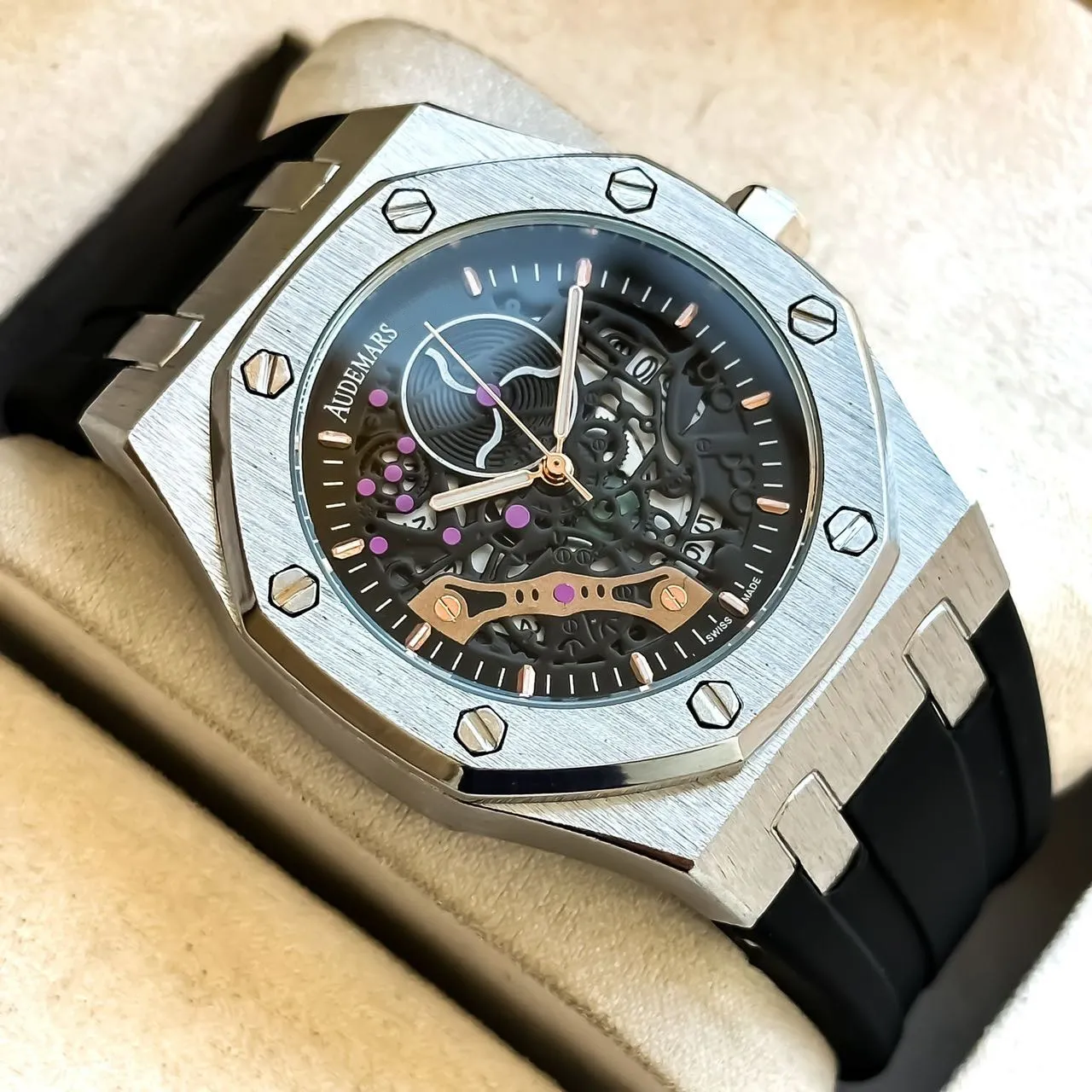 Alta qualità Top Brand Audexxx Pigxxx AP Orologio da uomo di lusso Cinturino in silicone con zaffiro Calendario Orologio da polso Automatico Movimento di design vuoto Orologi da uomo Montre