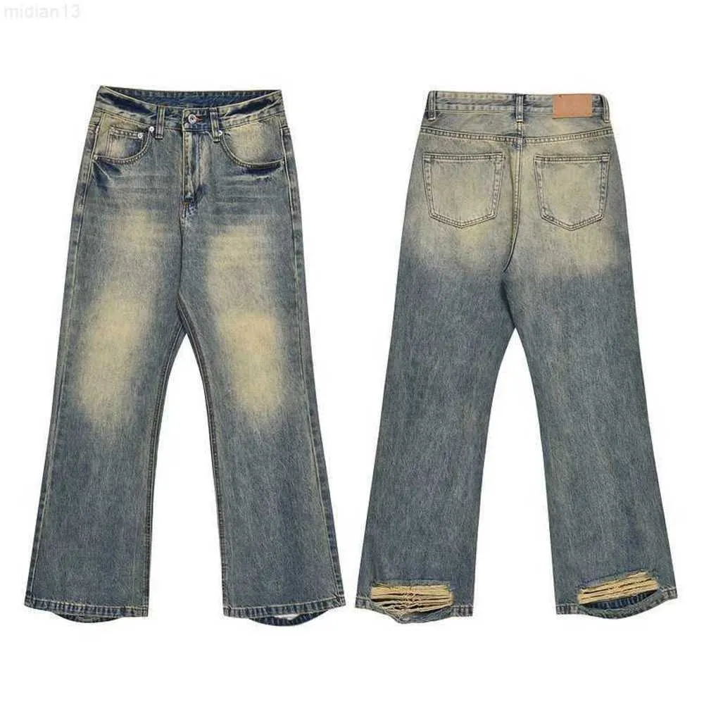Amerikansk stil Micro Fleared Jeans, män tvättade och slitna lösa benbyxor, trendiga street pappa long pantst5w6