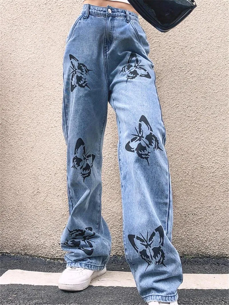 Jeans pour femmes Harajuku imprimé papillon Vintage esthétique Baggy pantalon droit Grunge tenues décontractées pantalon Streetwear Y2k 2023