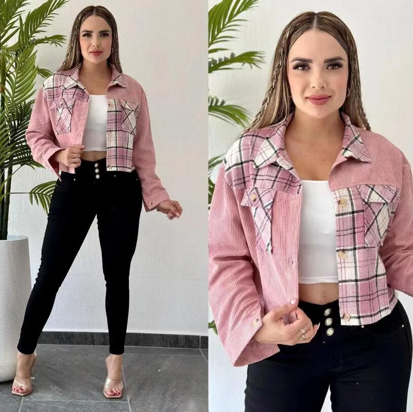 Jaquetas femininas de luxo designer roupas manga longa lapela pescoço jeans jaquetas novas senhoras veludo xadrez retalhos casaco