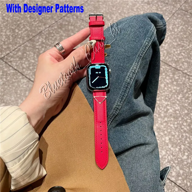 Luxury Triangular nameplate Watchband Straps for Apple Watch Band 49mm 38mm 40mm 41mm 42mm 44mm 45mm Designer Retro Leather Band for iWatch SE 7 6 5 4 3 2 1 Classic Buckle