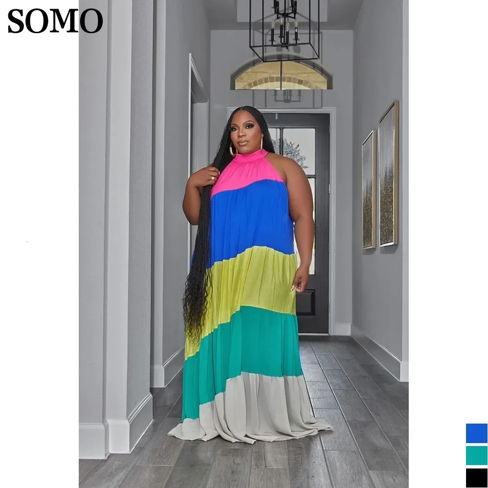 Plus size Dresses SOMO Summer Fashion Contrast Color Size Party Clubwear Sleeveless Pleated Maxi Long Dress Wholesale Drop 230920