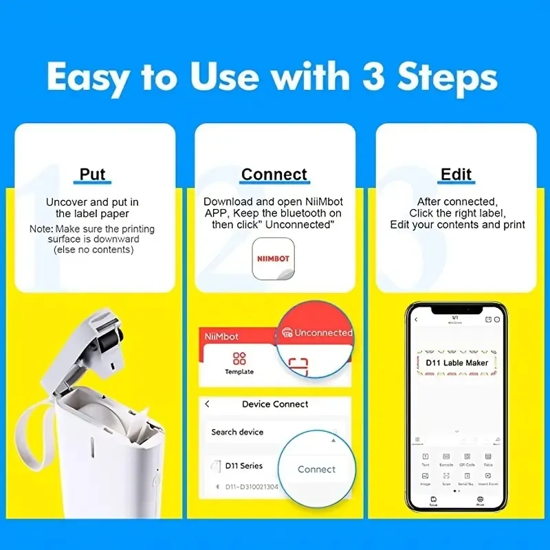 NIIMBOT D11 Машина для изготовления этикеток Термопринтер для наклеек с 1 рулоном белой стартовой этикеточной бумаги размером 0,47 x 1,57 дюйма, беспроводной принтер для этикеток для IOS и Android