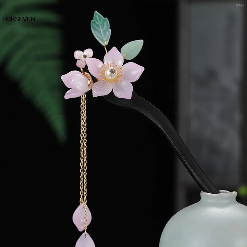 Pinces à cheveux bâtons en bois chinois faits à la main fourchettes à fleurs roses pendentif bijoux pour femmes filles porte-chignon