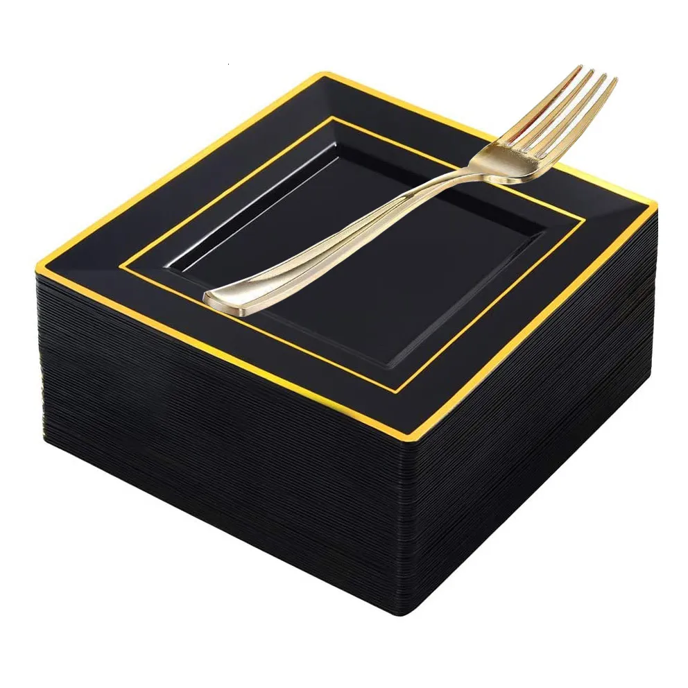 Engångsgräs svarta fyrkantiga plastplattor med guld gaffel-engångskakor- premium hårda fyrkantiga små aptitretare plattor för bröllop/fest 230920