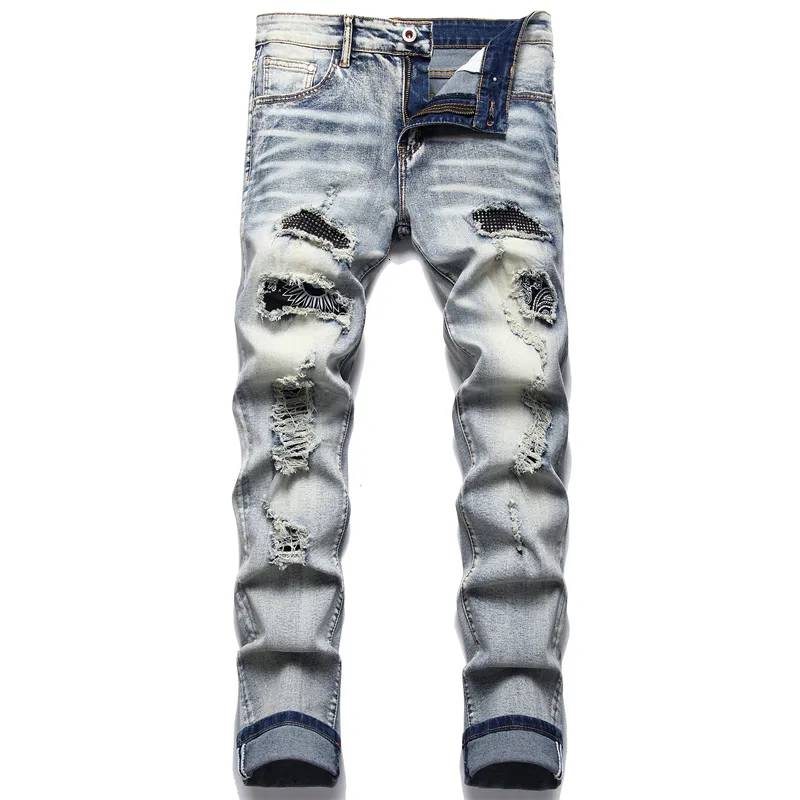 Jeans pour hommes rétro bleu déchiré tendance stretch pantalon mince de haute qualité polyvalent pantalon masculin mode imprimé chat barbe 230919