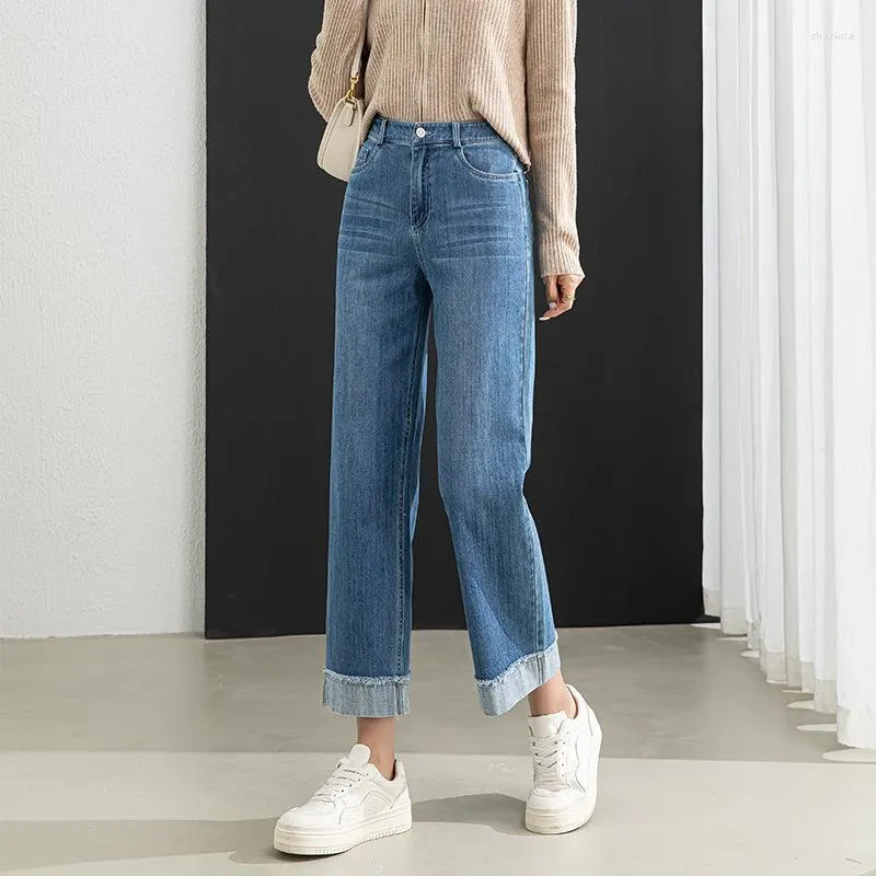 Jeans pour femmes bleu pour femmes pantalons de longueur de cheville recadrée pantalon de cigarette jambe droite taille haute taille mince 2023 coton manchette jean