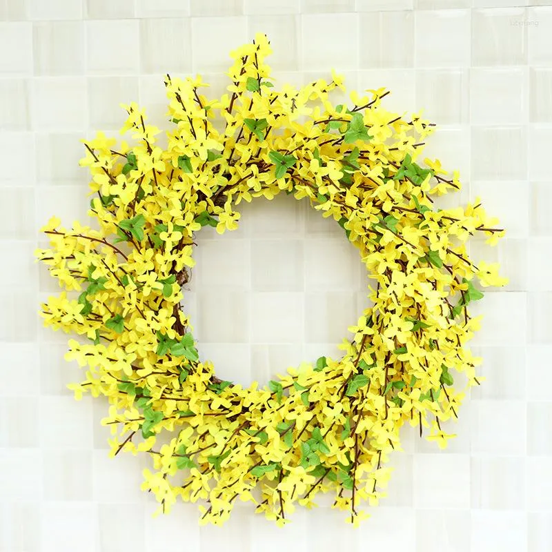 Dekorativa blommor Säsongens kransar Gul ytterdörrkrans Forsythia perfekt för våren chic bondgård Floral Garland med ljus