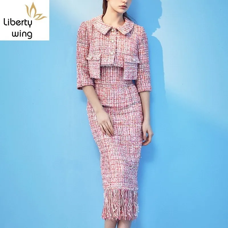 Two Piece Dress Office Ladies Tweed Jacket Tassels Wrap kjol Set Women Runway Sparched Twill korta rockar kjolar kläder kostymer 230920