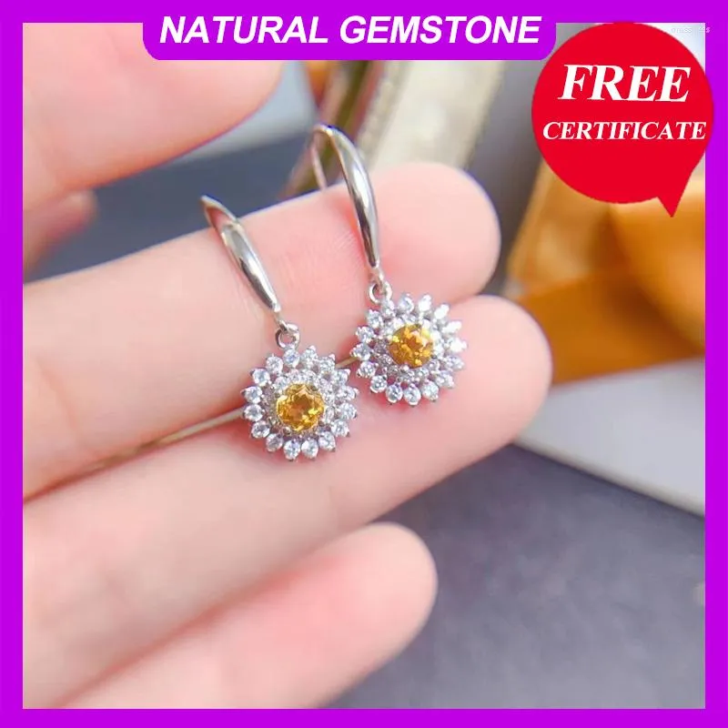 Dangle Earrings 925 Sterling Silver Drop For Women Flower Shape Citrine With Certificate