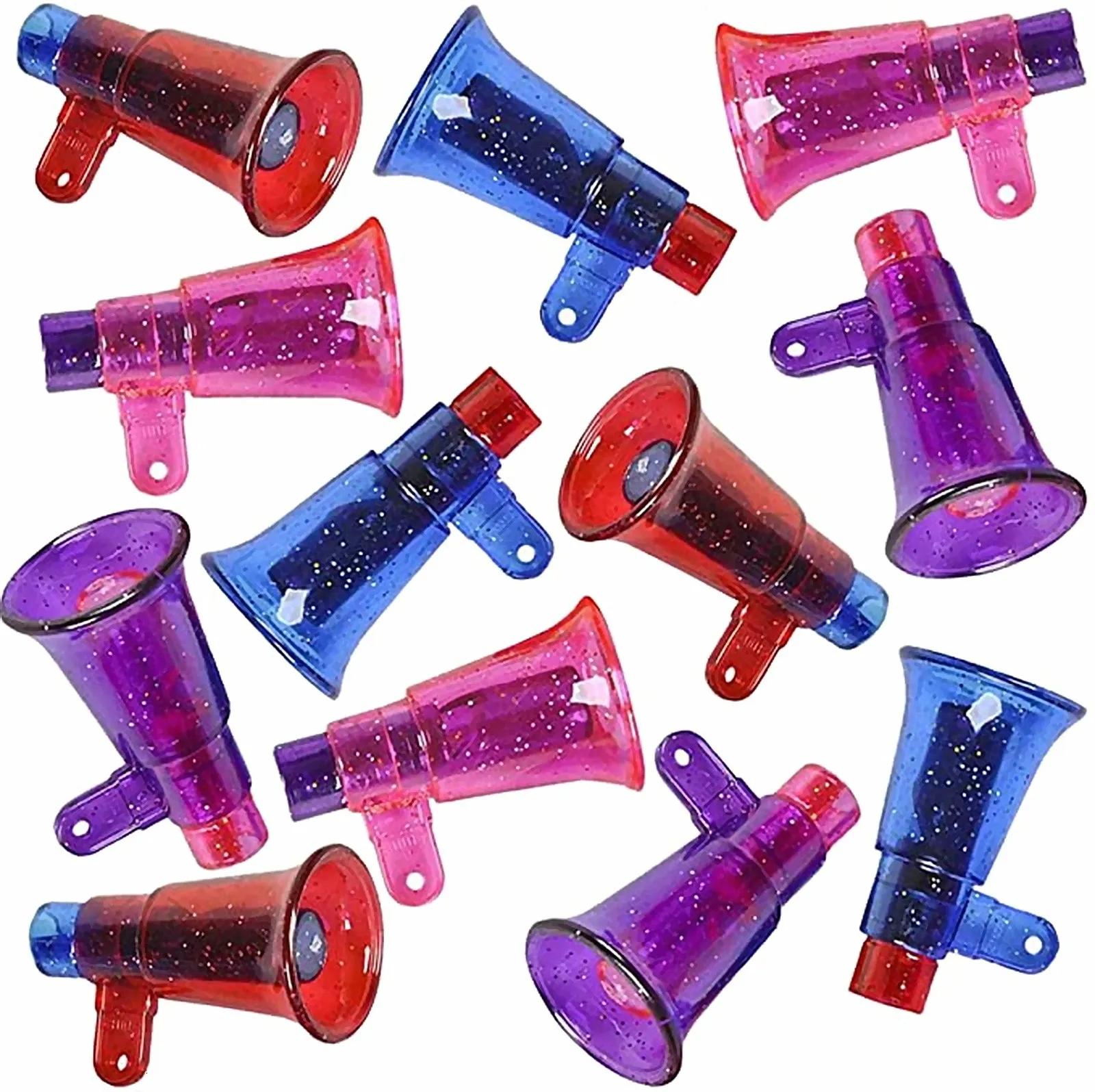 Andra evenemangsfestleveranser Mini Glitter Megaphone Whistles Set av 12 högkvalitativa plastmaterial Fun Noisemaker Toys Söta födelsedagsgavar 230919