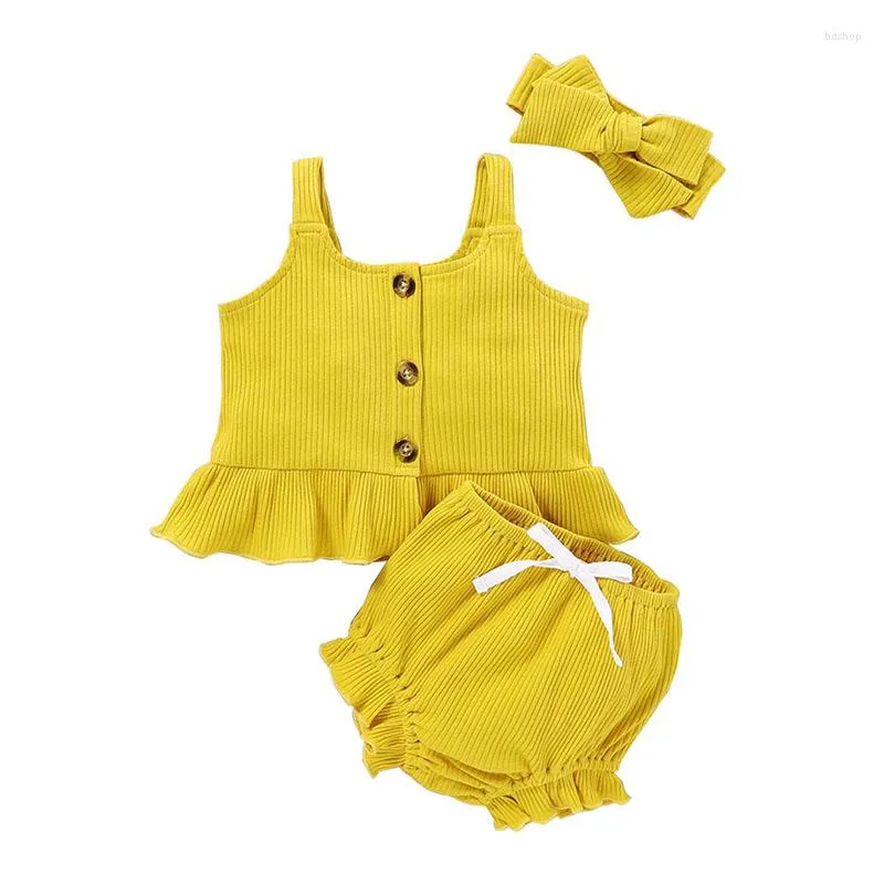 Conjuntos de roupas Bebê Meninas Sling Ruffles Roupas Conjunto Nascido Amarelo Botão Nervado Tanques Tops Shorts Headband Roupas de Verão para Criança Menina 6m