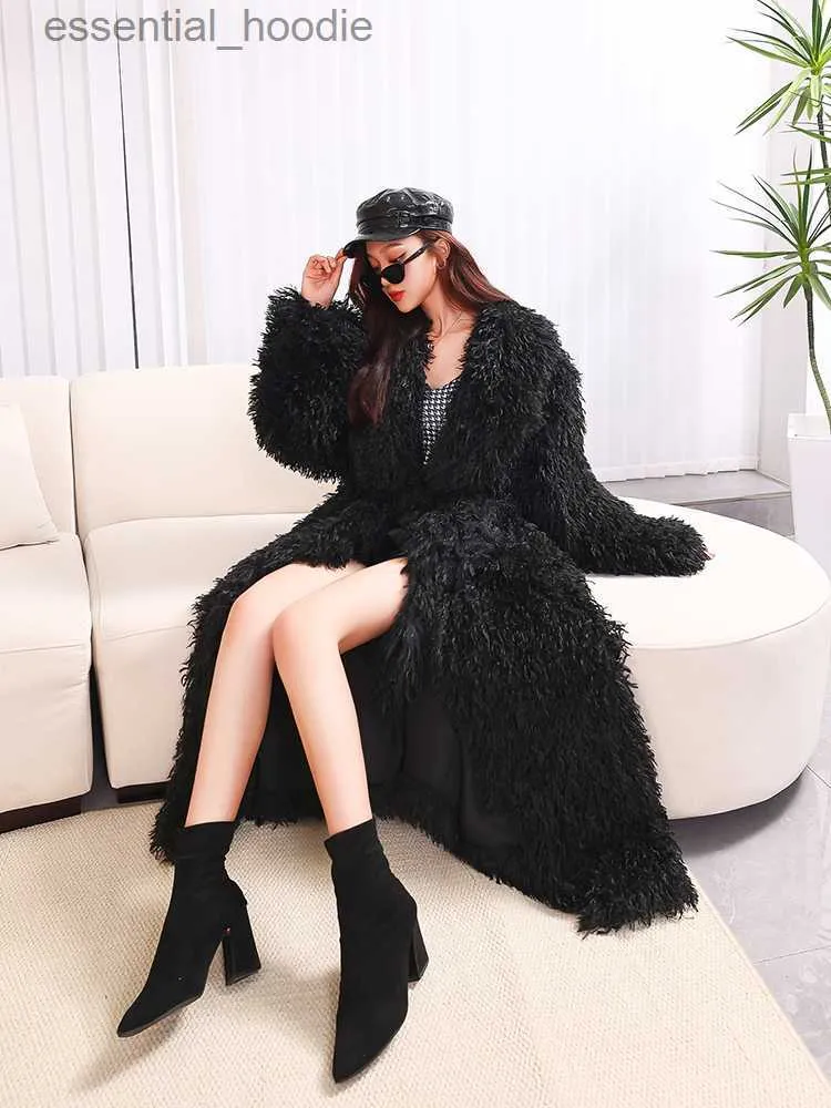 Pelliccia da donna Pelliccia sintetica Nerazzurri Inverno Extra lungo Oversize Nero Caldo Spessa Morbida Pelosa Finta Mongolia Cappotto di pelliccia di pecora Donna Maxi Cappotto di pelliccia 2023 L230920