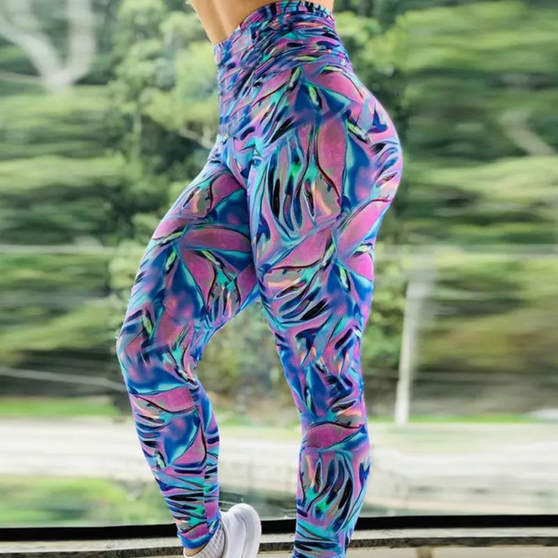Nya färgglada paljetter trycker leggings Kvinnor Sexiga tights Fitness Leggins Gym Trainning Push Up Jogging Running High midje Polyester Sport Pants