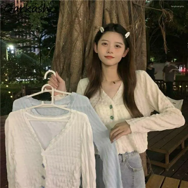 Women's Blouses Shirts Women Slim Fashion Harajuku Preppy Lovely Lady Simple Crops Chic Collection Mujer Blusas Clothing V-neck Long Sleeve