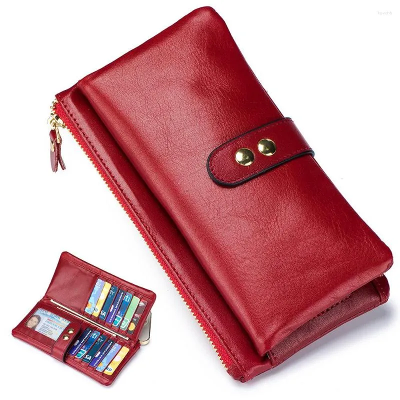 Carteiras Multifuncional Vintage Wax Leather Women's Wallet com múltiplos slots de cartão e bolso de telefone em estilo americano europeu