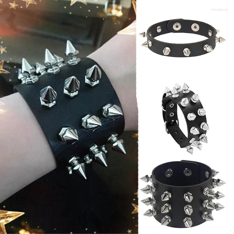 Bracelets à maillons Punk pour hommes et femmes, Bracelet gothique en cuir noir avec pointes en métal, Rivets cloutés réglables