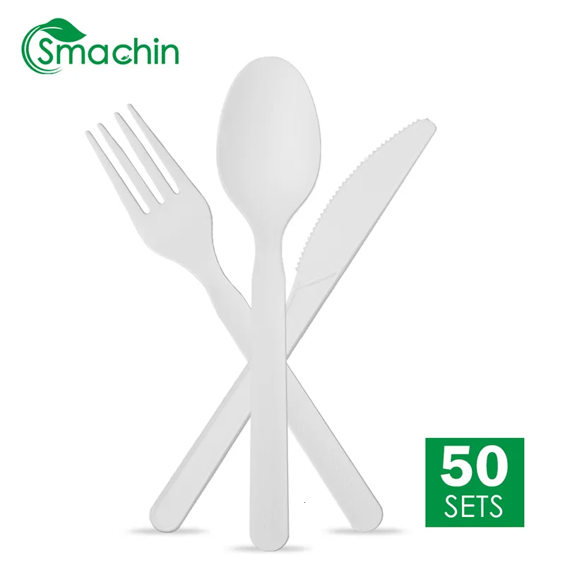 Conjuntos de louça Smachin 150pcs 50sets CPLA Colher Descartável Garfo Faca Festa Talheres Degradáveis Colheres Compostáveis Garfos Talheres para Aniversário 230920