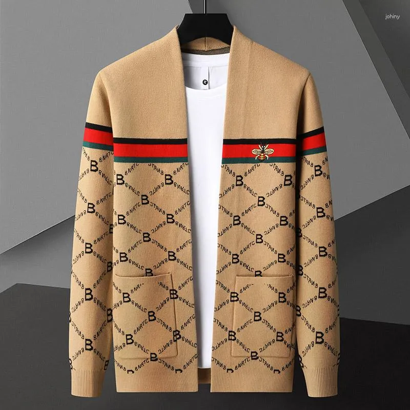 Camisolas masculinas High-end Light Stripe Cardigan de malha 2023 outono moda pequena abelha bordado casual suéter casaco