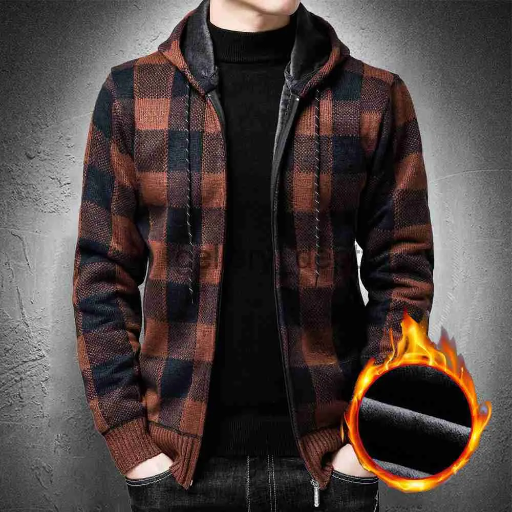 Suéteres para hombres Cardigan Hombres Cárdigan coreano con patrón de tela escocesa con capucha Estilo vintage Suéter Abrigo Hombres con capucha Suéter de lana Chaqueta Cálido Grueso J230920