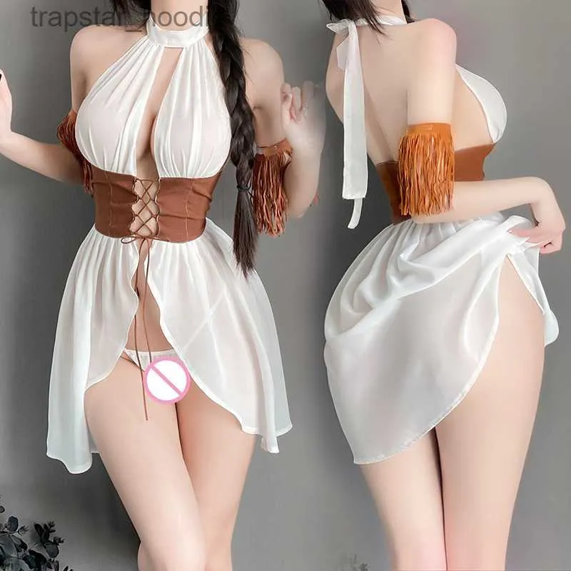 Sexy Set Porn Cowboy Costumes Sexy See Through Dress Brown Corset Halter Bandage Dress Tassel Backless Sexy Lingerie Chiffon Exotic Set L230920